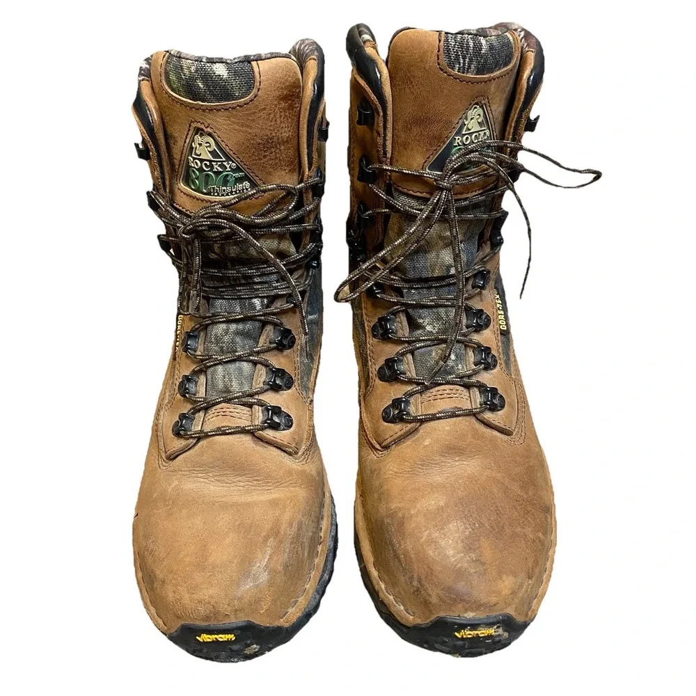 Rocky Boots Men 8.5M Woodland Camo Leather Gore Tex Hunting Utility Workwear